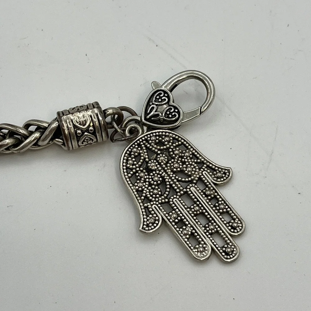 Hamsa‎ Hand Charm Evil Eye Bracelet Silver Tone Braided Chain Heart Clasp Womens